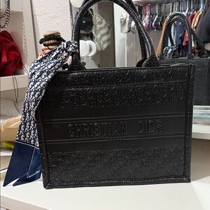 Dior Black Embossed Tote with Navy Scarf